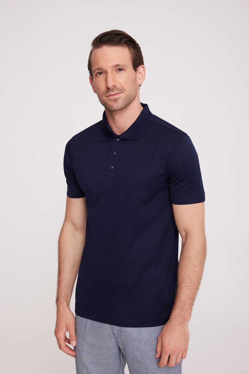 Erkek Lacivert Polo Yaka Desenli T-Shirt - 1