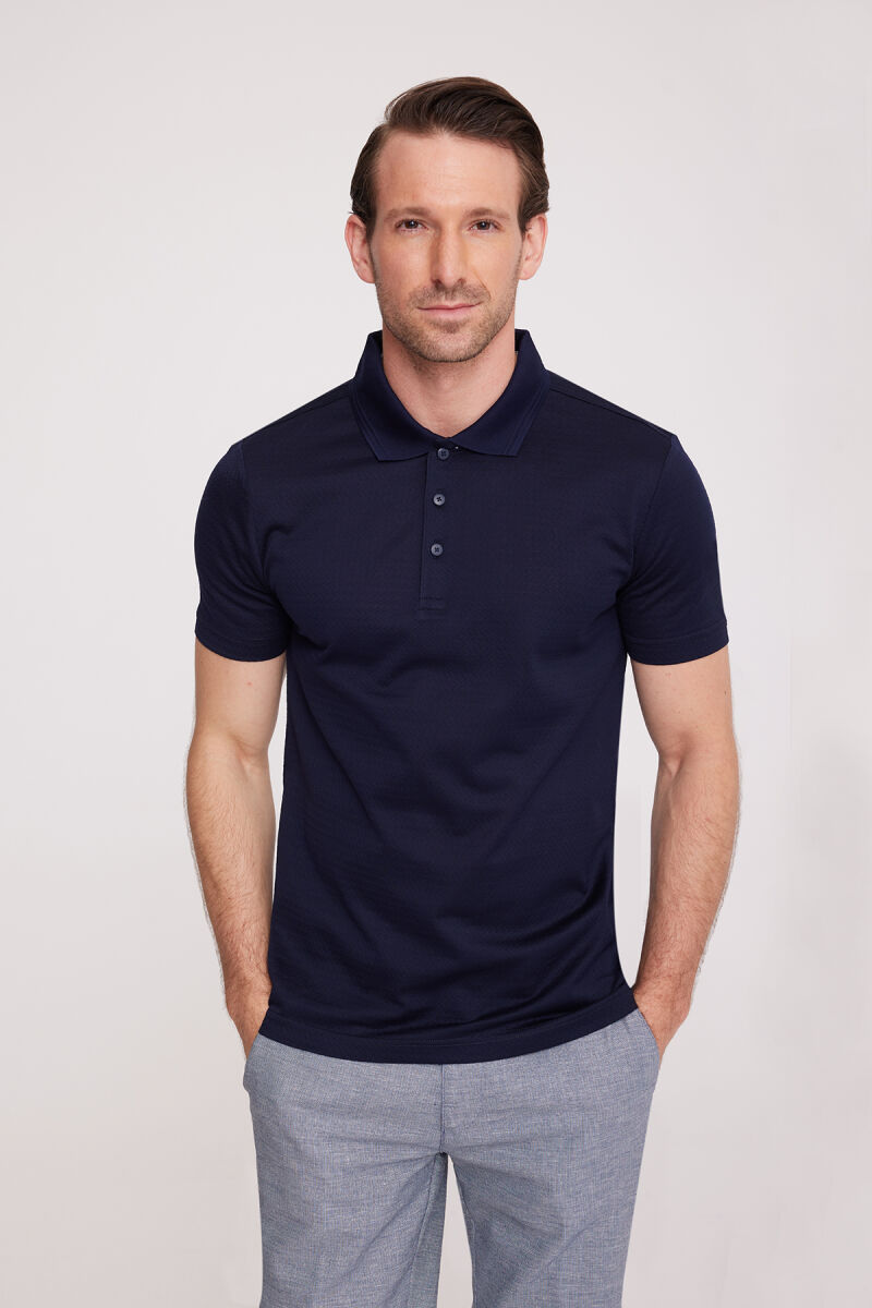 Erkek Lacivert Polo Yaka Desenli T-Shirt - 2