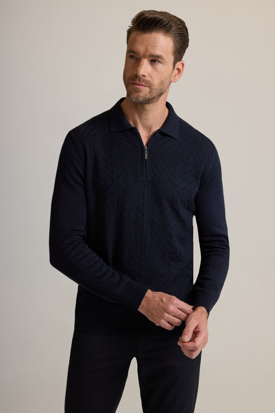 Erkek Lacivert Polo Yaka Fermuarlı Triko