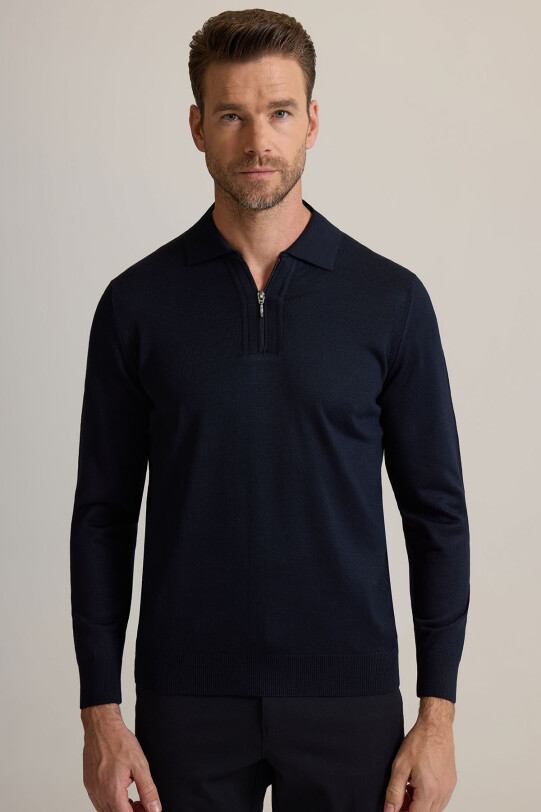 Erkek Lacivert Polo Yaka Fermuarlı Triko