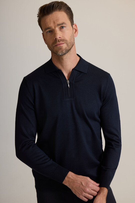 Erkek Lacivert Polo Yaka Fermuarlı Triko