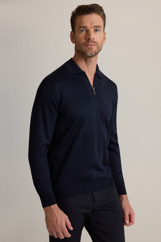 Erkek Lacivert Polo Yaka Fermuarlı Triko