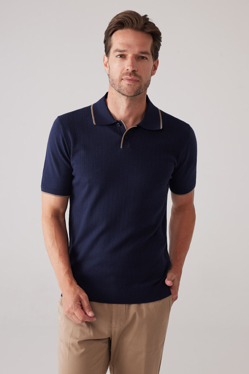 Erkek Lacivert Polo Yaka Pamuk Kaşmir İçerikli T-shirt - 1