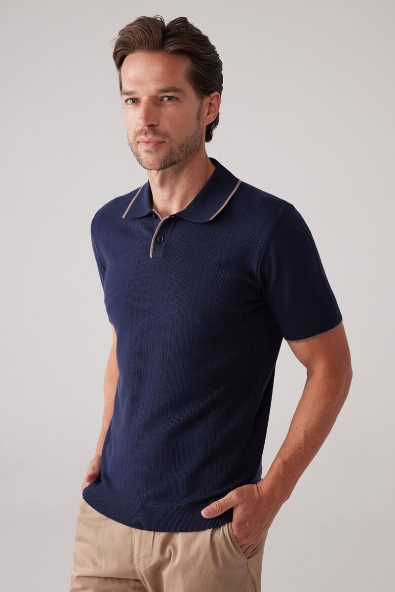 Erkek Lacivert Polo Yaka Pamuk Kaşmir İçerikli T-shirt - 2