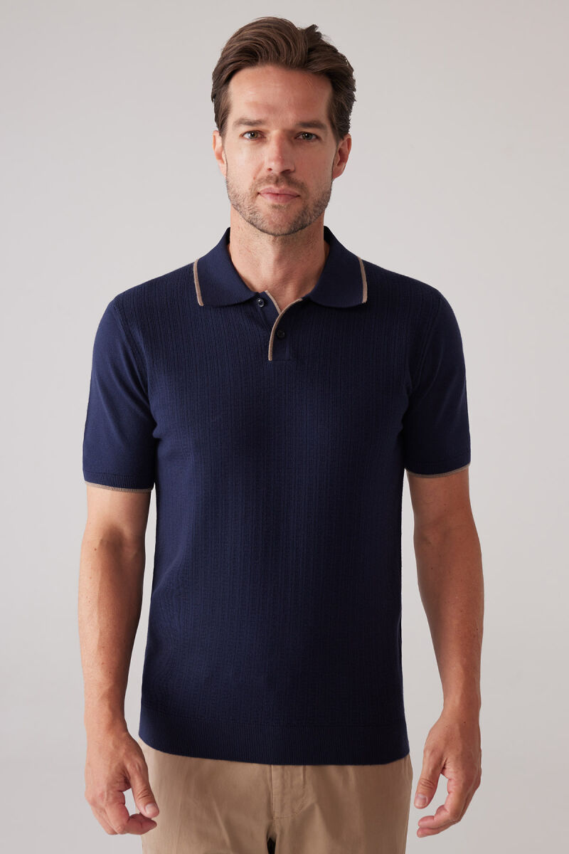 Erkek Lacivert Polo Yaka Pamuk Kaşmir İçerikli T-shirt - 4