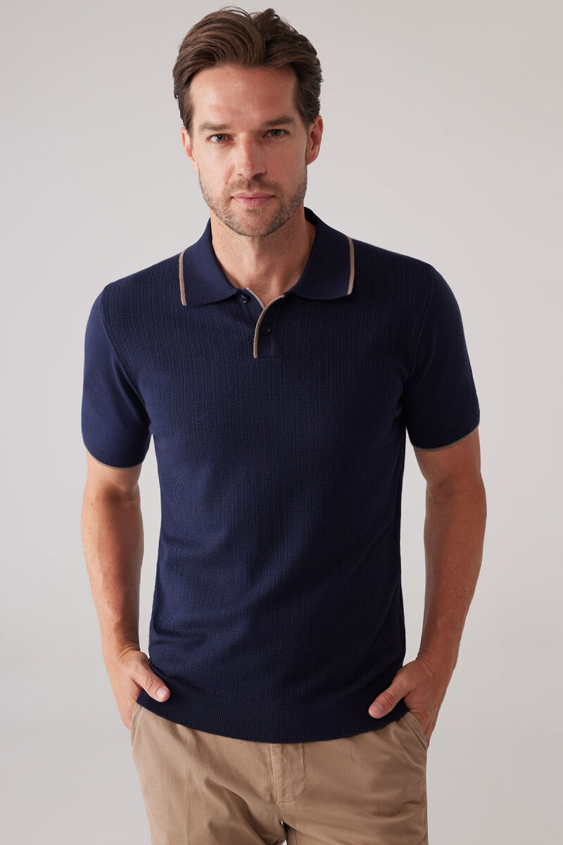 Erkek Lacivert Polo Yaka Pamuk Kaşmir İçerikli T-shirt - 5