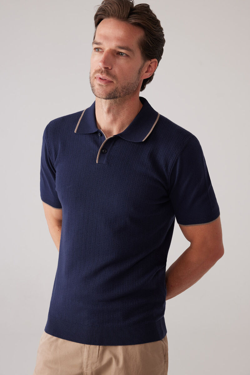 Erkek Lacivert Polo Yaka Pamuk Kaşmir İçerikli T-shirt - 6