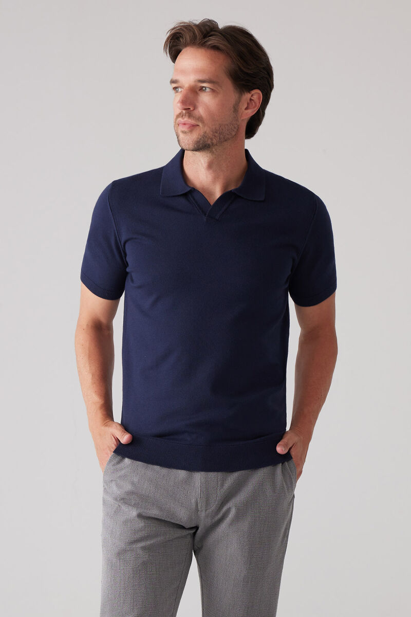 Erkek Lacivert Polo Yaka Pamuk Kaşmir İçerikli T-shirt - 2