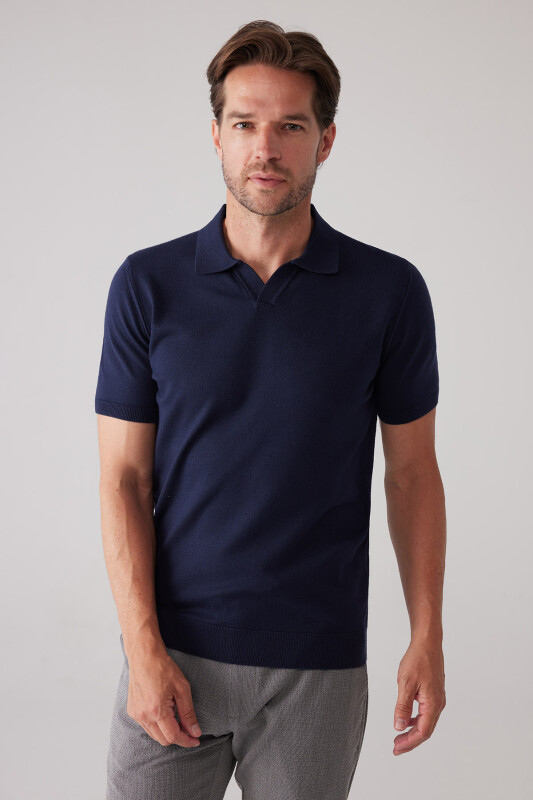 Erkek Lacivert Polo Yaka Pamuk Kaşmir İçerikli T-shirt