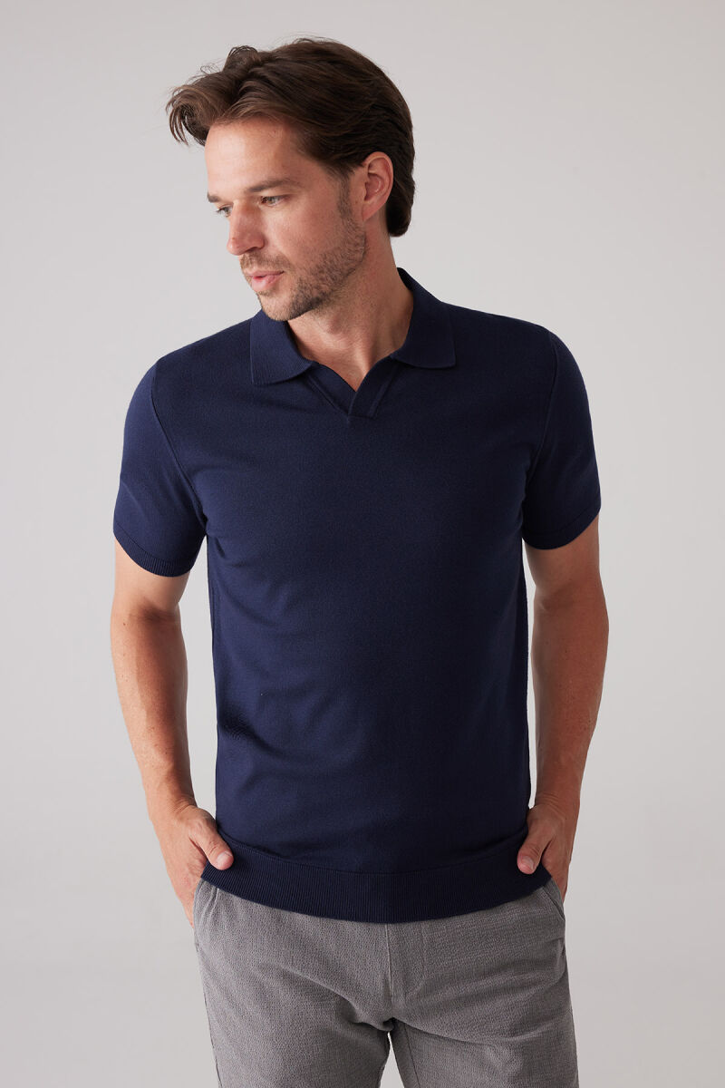 Erkek Lacivert Polo Yaka Pamuk Kaşmir İçerikli T-shirt - 4