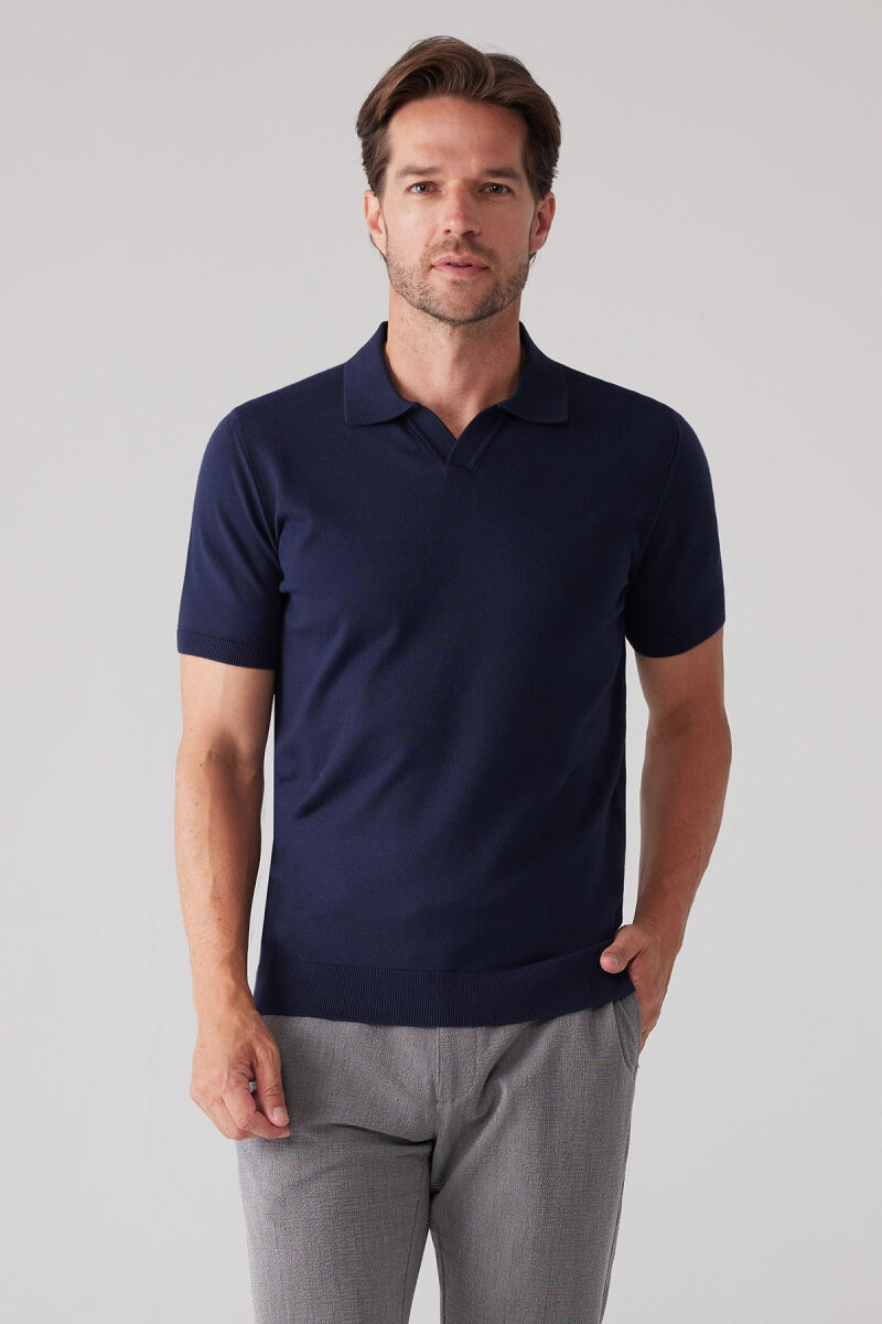 Erkek Lacivert Polo Yaka Pamuk Kaşmir İçerikli T-shirt - 5