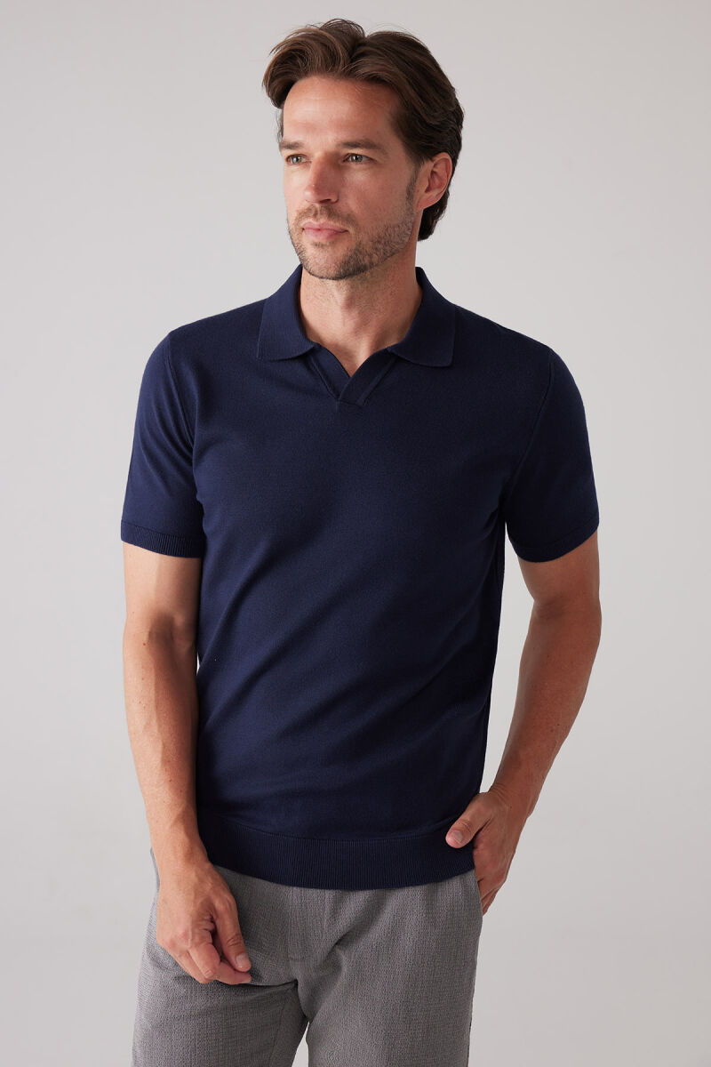 Erkek Lacivert Polo Yaka Pamuk Kaşmir İçerikli T-shirt - 6