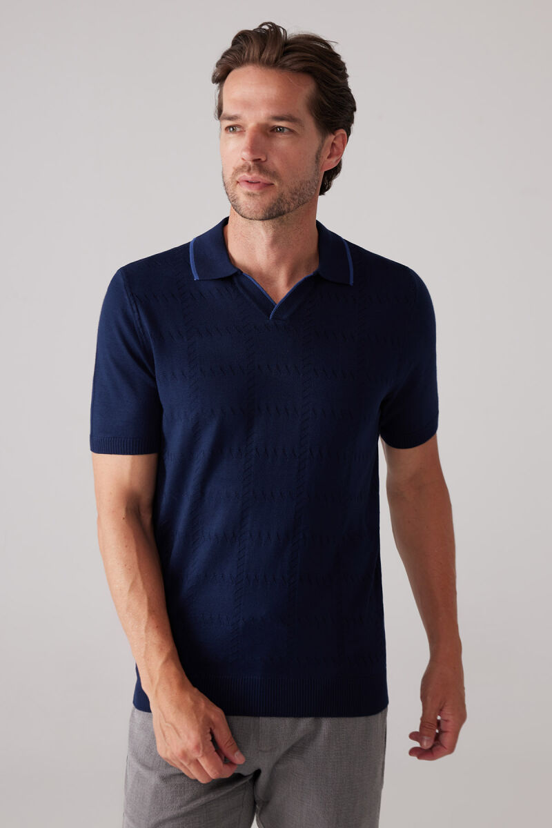 Erkek Lacivert Polo Yaka Pamuklu Desenli Tişört - 5