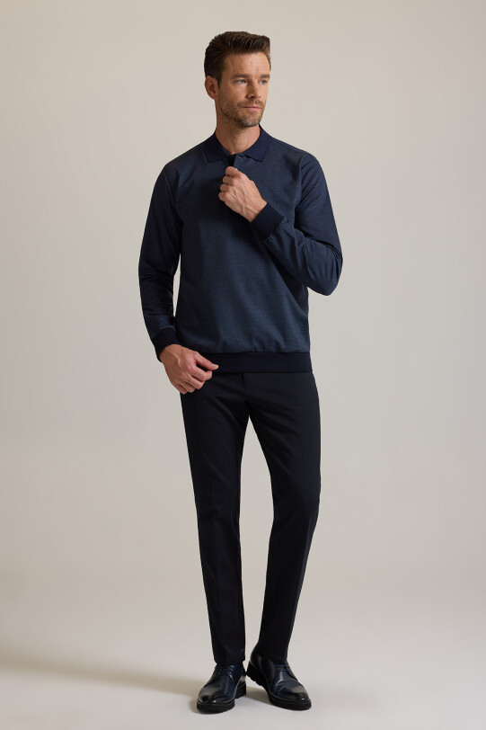 Erkek Lacivert Polo Yaka Pamuklu Sweatshirt