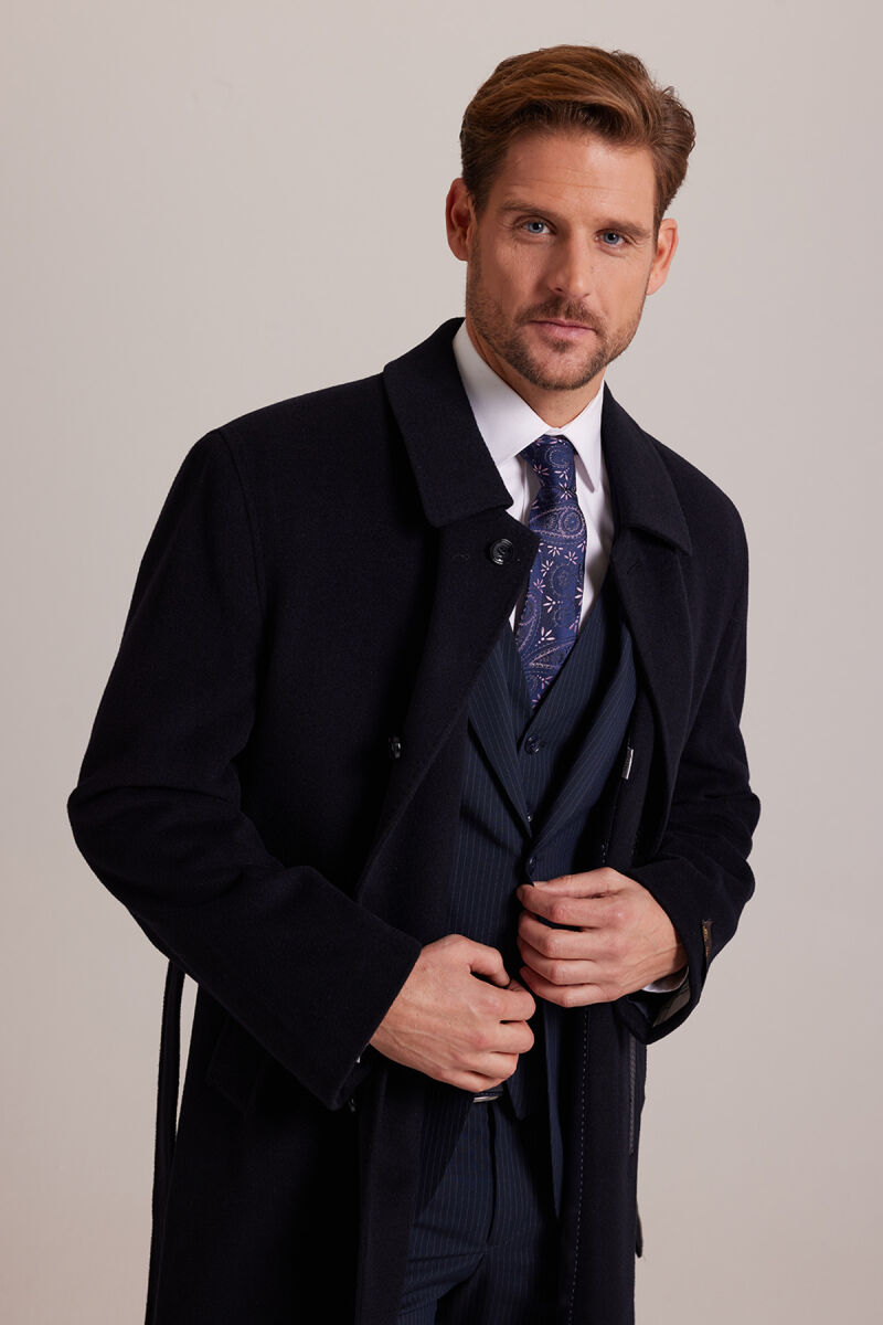 Erkek Lacivert Regular Fit %100 Kaşmir Loro Piana Palto - 7