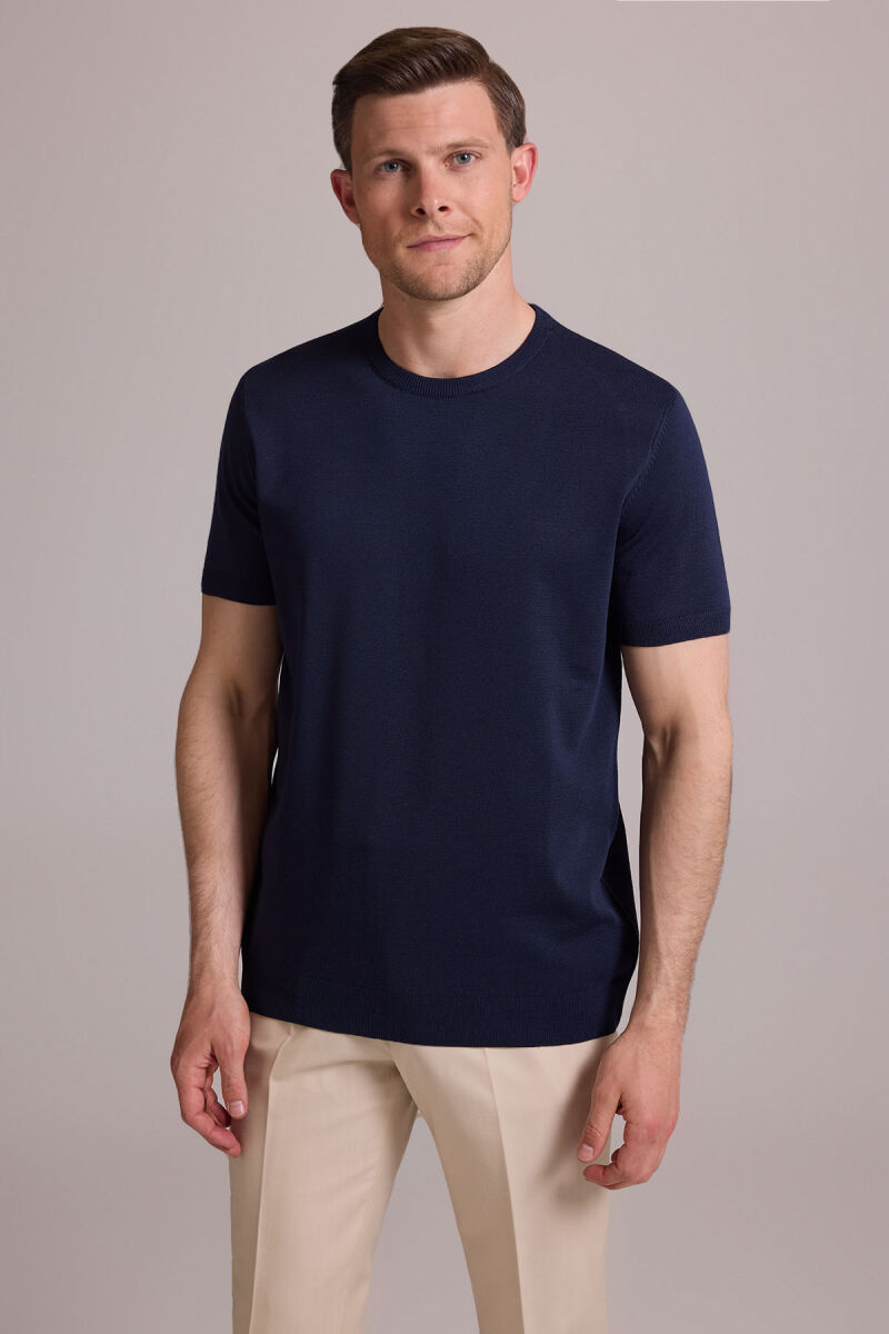 Erkek Lacivert Regular Fit Bisiklet Yaka Triko Tişört - 1