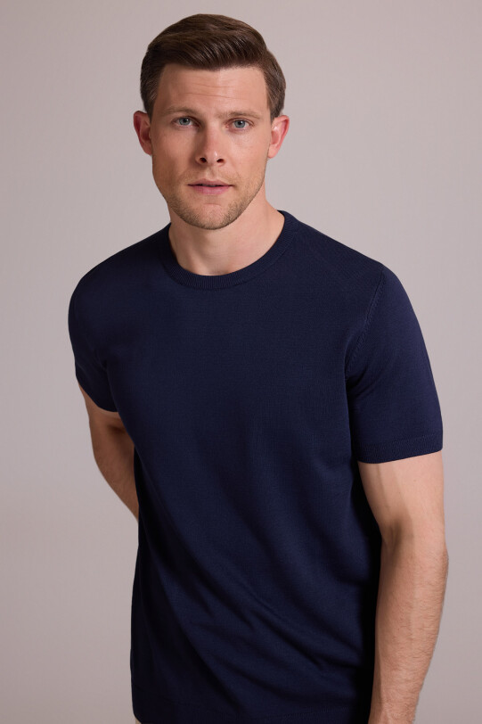 Erkek Lacivert Regular Fit Bisiklet Yaka Triko Tişört