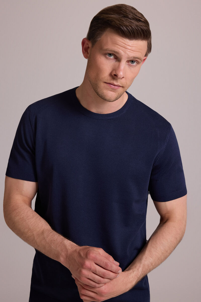 Erkek Lacivert Regular Fit Bisiklet Yaka Triko Tişört - 6