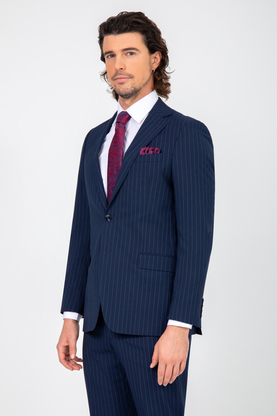 Erkek Lacivert Regular Fit Çizgili Çift Yırtmaç Takım Elbise