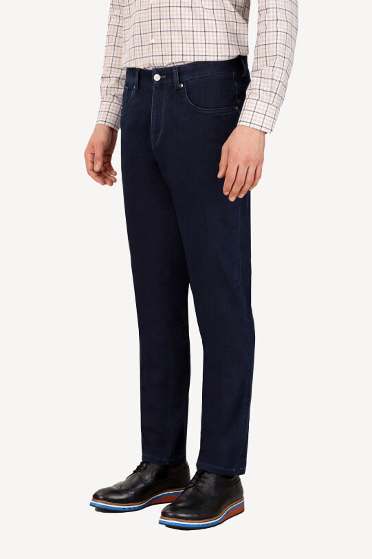 Erkek Lacivert Regular Fit Çizgili Kanvas Spor Pantolon