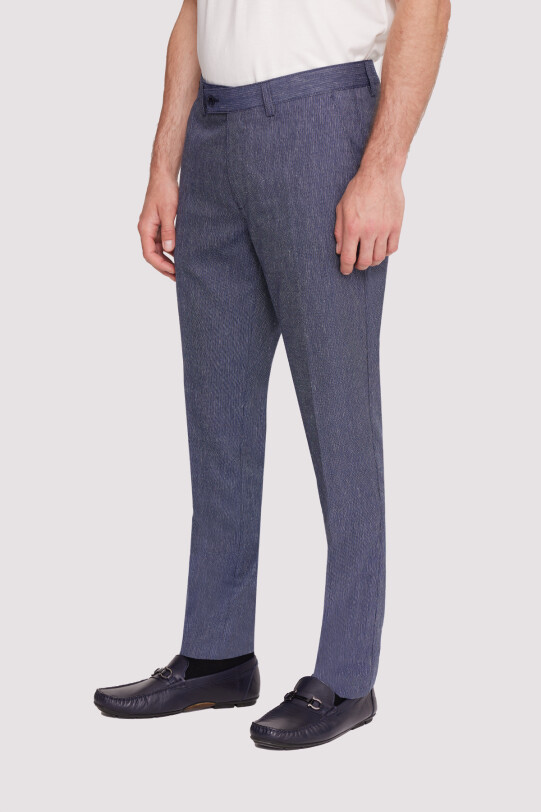 Erkek Lacivert Regular Fit Çizgili Keten Pantolon