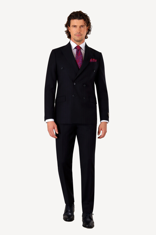 Erkek Lacivert Regular Fit Çizgili Kruvaze Takım Elbise