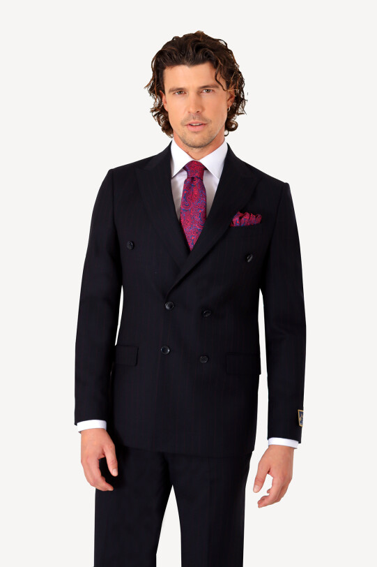 Erkek Lacivert Regular Fit Çizgili Kruvaze Takım Elbise