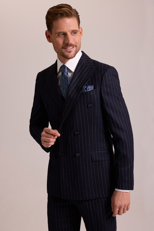 Erkek Lacivert Regular Fit Çizgili Kruvaze Yün Takım Elbise