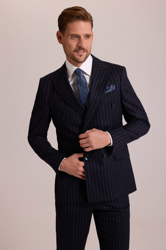 Erkek Lacivert Regular Fit Çizgili Kruvaze Yün Takım Elbise