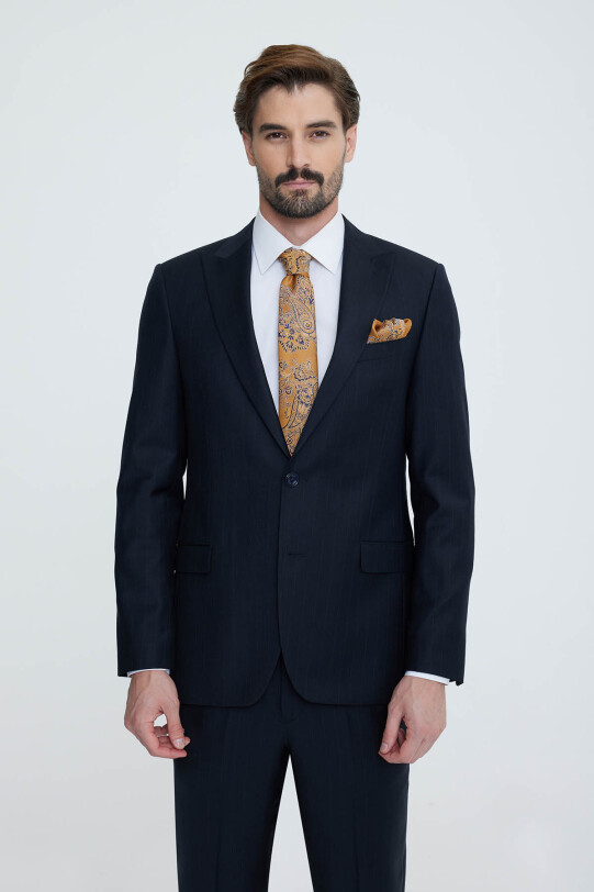 Erkek Lacivert Regular Fit Çizgili Takım Elbise