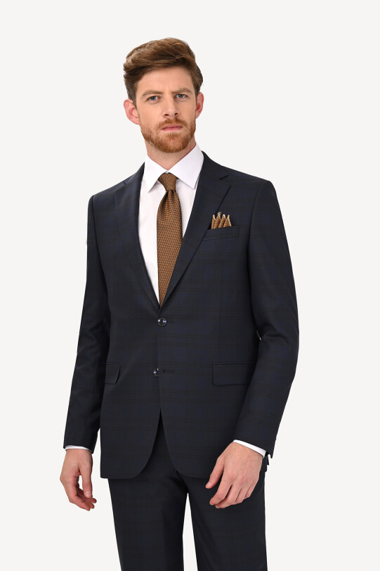 Erkek Lacivert Regular Fit Desenli Çift Yırtmaçlı Takım Elbise