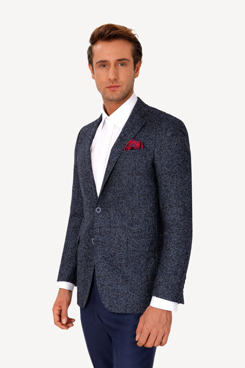 Erkek Lacivert Regular Fit Desenli Virgin Yün Ceket - 1