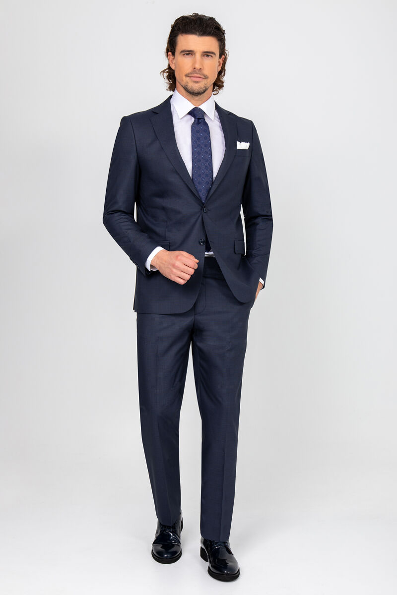 Erkek Lacivert Regular Fit Ekose Desenı Takım Elbise - 1