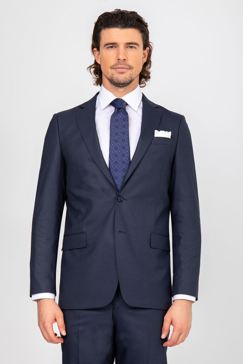 Erkek Lacivert Regular Fit Ekose Desenı Takım Elbise - 2