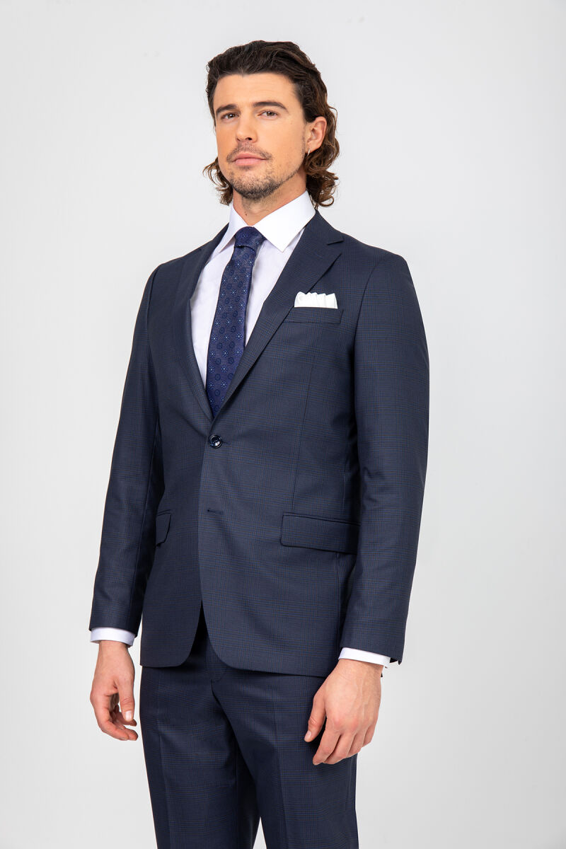 Erkek Lacivert Regular Fit Ekose Desenı Takım Elbise - 3