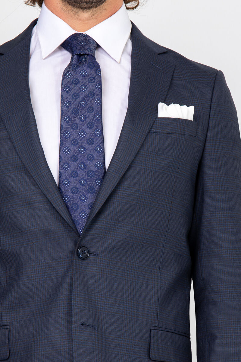 Erkek Lacivert Regular Fit Ekose Desenı Takım Elbise - 4