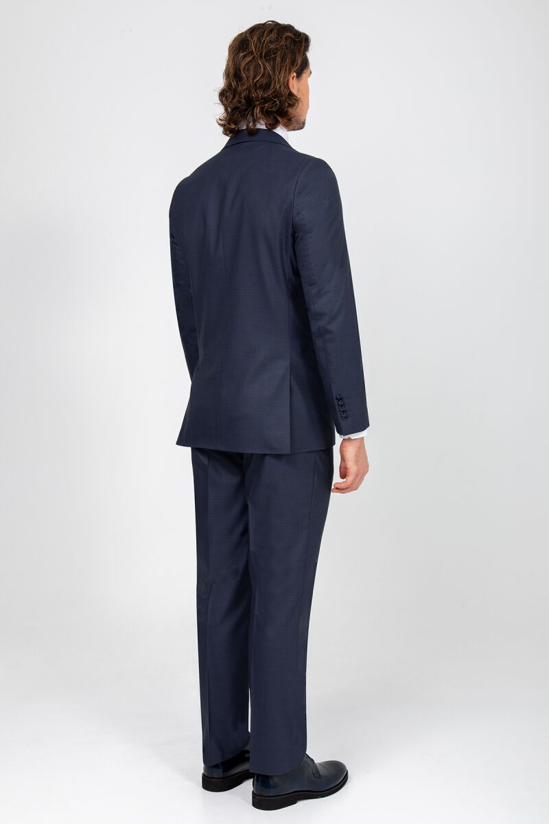 Erkek Lacivert Regular Fit Ekose Desenı Takım Elbise - 5