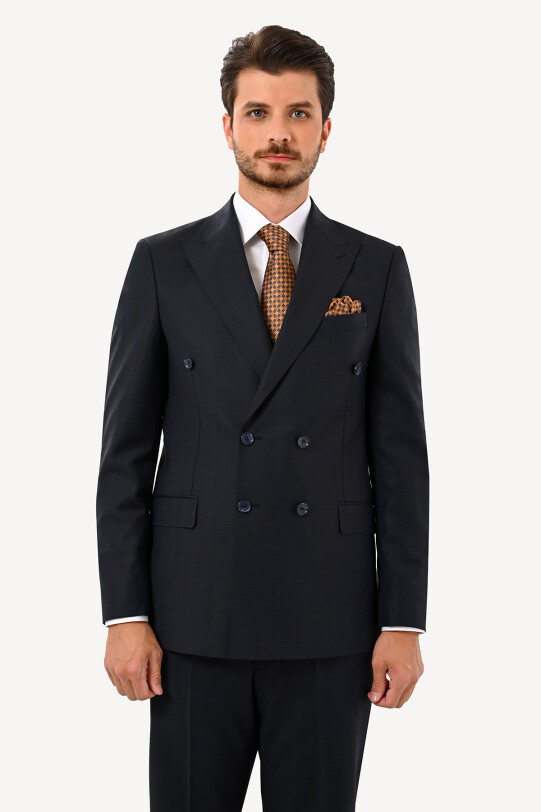 Erkek Lacivert Regular Fit Ekose Kruvaze Takım Elbise