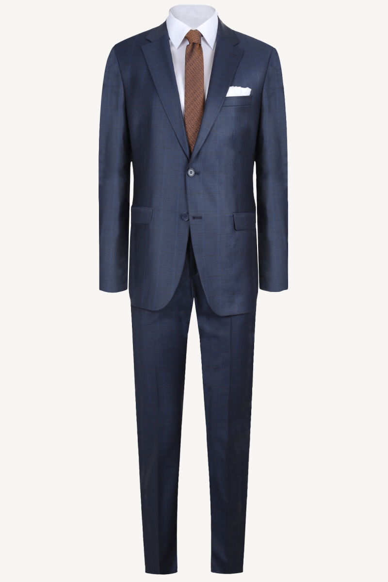 Erkek Lacivert Regular Fit Ekose Takım Elbise - 1
