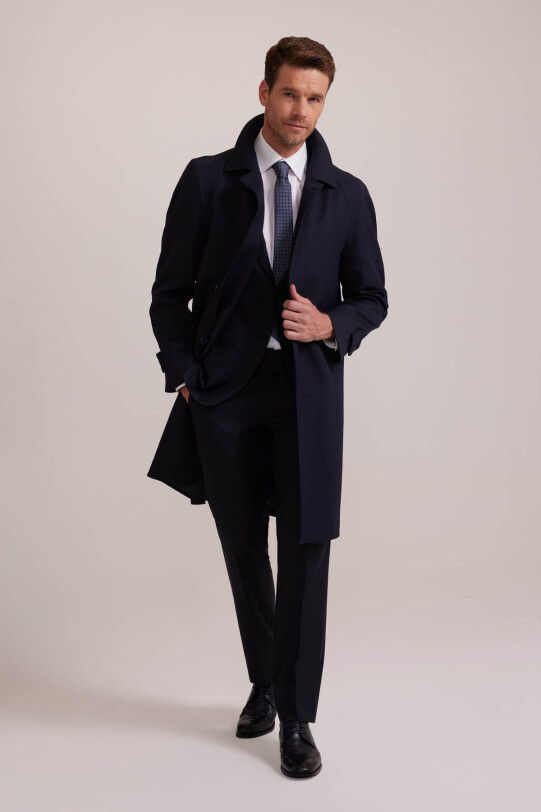 Erkek Lacivert Regular Fit Gabardin Pardesü