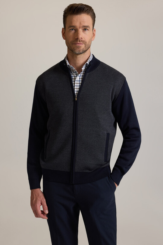 Erkek Lacivert Regular Fit Hakim Yaka Fermuarlı Triko Hırka