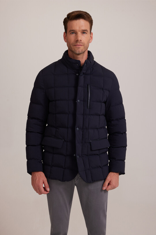 Erkek Lacivert Regular Fit Hakim Yaka Gizli Kapüşonlu Kaban