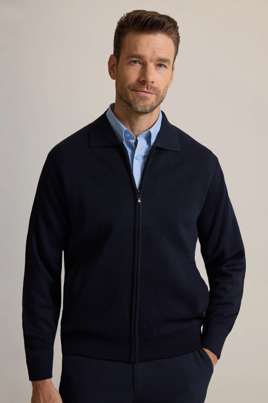 Erkek Lacivert Regular Fit İçi Astarlı Fermuarlı Triko Hırka