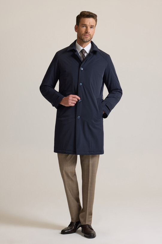 Erkek Lacivert Regular Fit İçi Çıkmalı Kuşaklı Pardesü