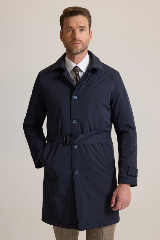 Erkek Lacivert Regular Fit İçi Çıkmalı Kuşaklı Pardesü