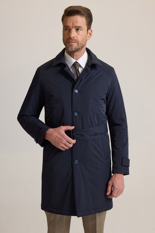 Erkek Lacivert Regular Fit İçi Çıkmalı Kuşaklı Pardesü