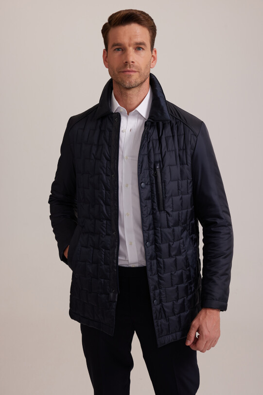 Erkek Lacivert Regular Fit Kare Desenli Yakalı Kaban