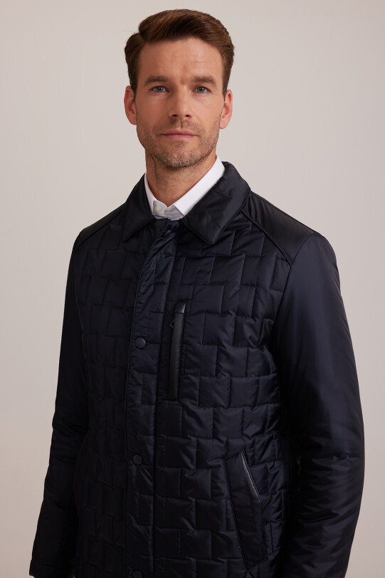 Erkek Lacivert Regular Fit Kare Desenli Yakalı Kaban