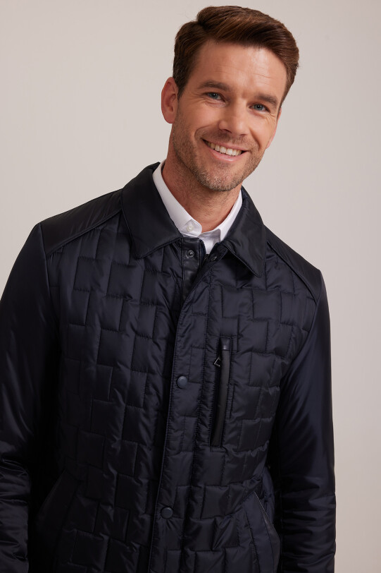 Erkek Lacivert Regular Fit Kare Desenli Yakalı Kaban