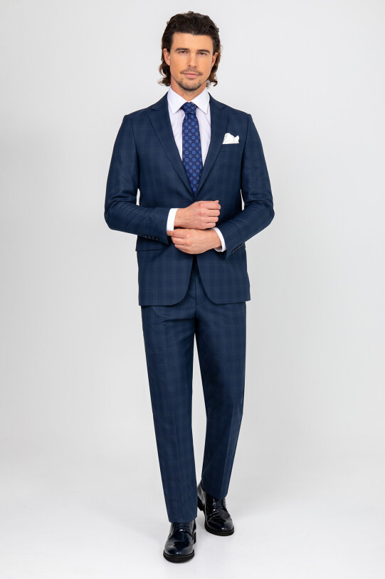 Erkek Lacivert Regular Fit Kareli Çift Yırtmaçlı Takım Elbise